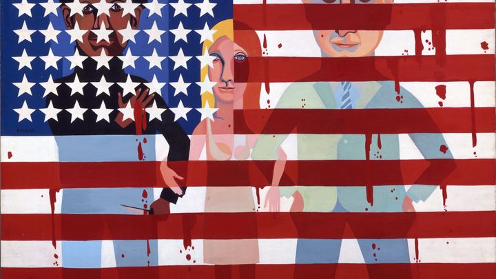 Faith Ringgold, "American People Series #18: The Flag Is Bleeding", 1967, National Gallery of Art, Washington, Patrons’ Permanent Fund and Gift ofGlenstone Foundation (2021.28.1).&nbsp; (© Faith Ringgold / ARS, NY and DACS, London, courtesy ACA Galleries, New York 2022)