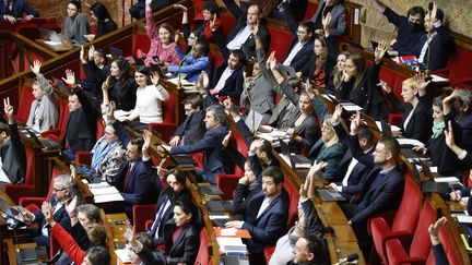 Les députés de la Nupes votent lors d'une session de discussion sur la réforme des retraites à l'Assemblée nationale, le 13 février 2023. (LUDOVIC MARIN / AFP)