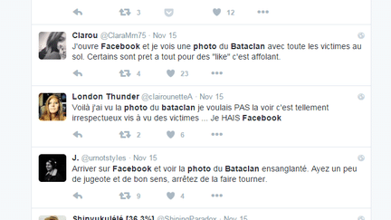 Capture d'écran de messages postés sur Twitter, le 15 novembre 2015, par des internautes choqués d'avoir vu sur Facebook une photo du Bataclan après l'attaque terrroriste du 13 novembre. (TWITTER)