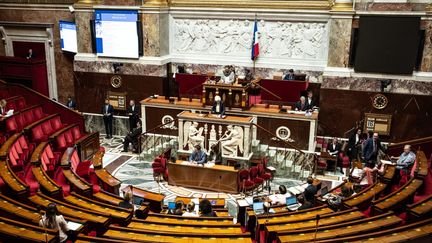 L'hémicycle de l'Assemblée nationale lors de la discussion d'une proposition de loi créant une aide universelle d'urgence pour les victimes de violences conjugales, le 16 janvier 2023. (GAUTHIER BEDRIGNANS / HANS LUCAS)