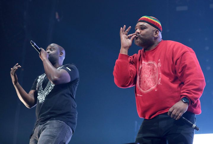 Posdnuos et Maseo de De La Soul le 10 mai 2019 sur scène à Wembley (Londres, G-B) dans le cadre du Gods of Rap Tour. (JAMES SHAW/REX/SIPA / SHUTTERSTOCK)