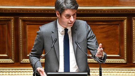 Prime Minister Gabriel Attal delivers his government's general policy declaration to the Senate on January 31, 2024, in Paris.  (MIGUEL MEDINA / AFP)