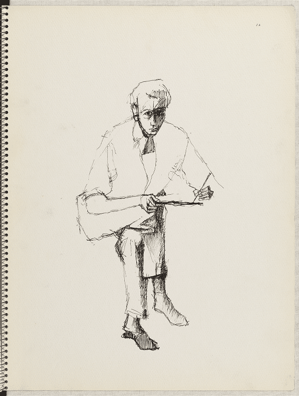 Georges Lemoine, Carnet n°128, p.17, Montmartre, rue Caulaincourt, 1955, autoportrait assis
 (BnF, Centre national de la littérature pour la jeunesse, département Littérature et art)