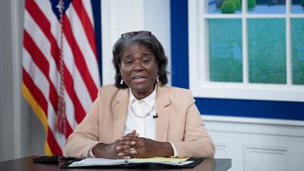 L'ambassadrice américaine à l'ONU Linda Thomas-Greenfield s'exprime&nbsp;lors&nbsp;d'une assemblée virtuelle des Nations unies depuis la Maison blanche (Washington), le 22 septembre 2021. (BRENDAN SMIALOWSKI / AFP)