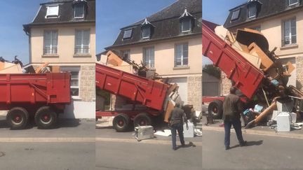 Captures d'écran de la vidéo du camion-benne déversant les ordures devant le logement des anciens locataires de Thomas Ravaux. La vidéo a été vue près de 200 000 fois deux jours après sa publication, jeudi 7 juin 2018. (THOMAS RAVAUX / FACEBBOK)