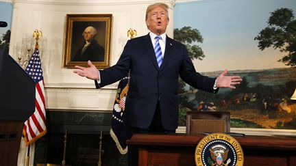 Le président américain, Donald Trump, lors de son allocution télévisée sur l'accord international sur le nucléaire iranien, le 8 mai 2018 à la Maison Blanche, à Washington (Etats-Unis).&nbsp; (MARTIN H. SIMON / CONSOLIDATED NEWS PHOTOS / AFP)