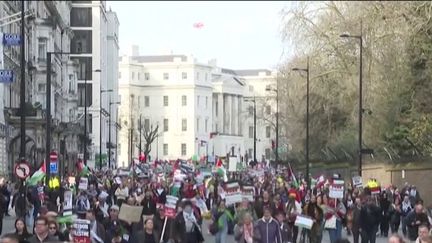 Des milliers de personnes ont marché ce samedi 9 mars à Londres (Royaume-Uni) pour réclamer un cessez-le-feu à Gaza.