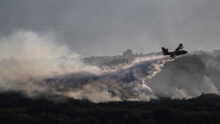 Des Canadair survolent la zone de l'incendie près de Vogue, en Ardèche, le 27 juillet 2022.&nbsp; (JEAN-PHILIPPE KSIAZEK / AFP)