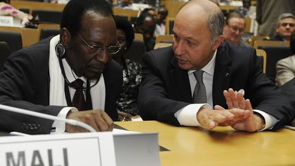 Le pr&eacute;sident malien, Dioncounda Traore, et le ministre des Affaires &eacute;trang&egrave;res fran&ccedil;ais,&nbsp;Laurent Fabius, le 29 janvier 2013 &agrave; Addis-Abeba (Ethiopie), &agrave; l'occasion de la conf&eacute;rence des donateurs pour le Mali. (SIMON MAINA / AFP)