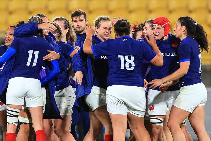 The joy of the French women after their victory against New Zealand in their first match in the WXV, October 21, 2023, in Wellington.  (GRANT DOWN / AFP)