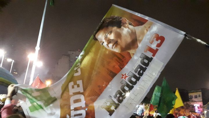 Meeting de soutien à Fernando Haddad le 24 octobre 2018 à Sao Paulo, avant la présidentielle au Brésil. (SANDRINE ETOA-ANDEGUE / RADIO FRANCE)