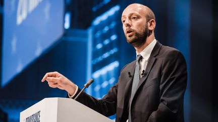 Le patron de LREM, Stanislas Guerini, lors d'un discours, à Paris, le 24 mai 2019. (KARINE PIERRE / HANS LUCAS)