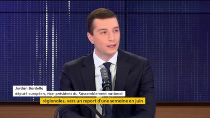 Jordan Bardella,&nbsp;vice-président du Rassemblement national était l'invité du "8h30&nbsp;franceinfo", mardi 13 avril 2021. (FRANCEINFO / RADIOFRANCE)