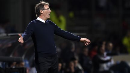 Laurent Blanc assiste impuissant &agrave; la d&eacute;faite du PSG &agrave; Lyon, le 13 avril 2014. (PHILIPPE DESMAZES / AFP)