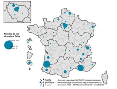 Cette carte illustre le nombre de prélèvements positifs au Sars Cov-2 qui confirme une infection par le variant Delta en France (ronds et taches bleues). ( (SANTE PUBLIQUE FRANCE)