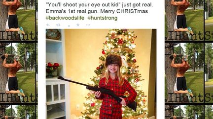 Capture d'&eacute;cran d'un tweet montrant une jeune Am&eacute;ricaine avec le fusil qu'elle a re&ccedil;u pour No&euml;l, le 25 d&eacute;cembre 2014. (IHUNTSTRONG / TWITTER)