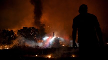 Un habitant regarde les pompiers lutter contre les flammes, à&nbsp;30 kilomètres d'Athènes (Grèce). (LOUISA GOULIAMAKI / AFP)