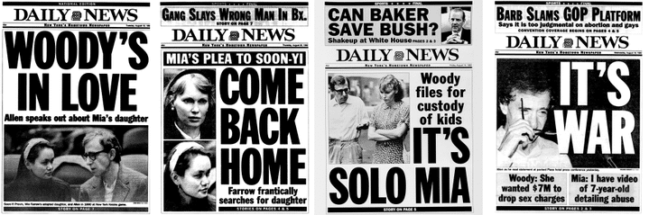 Les unes du "New York Daily News" sur la guerre judiciaire entre Woody Allen et Mia Farrow, les 14, 18, 19 et 20 août 1992. (GETTY IMAGES / FRANCEINFO)