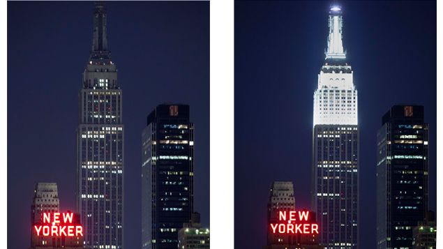 &nbsp; (L'Empire State Building de New York allumé et éteint © Reuters-Carlo Allegri)