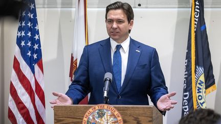 Florida Governor Ron DeSantis during a press conference, February 29, 2024. (CRISTOBAL HERRERA-ULASHKEVICH / MAXPPP)