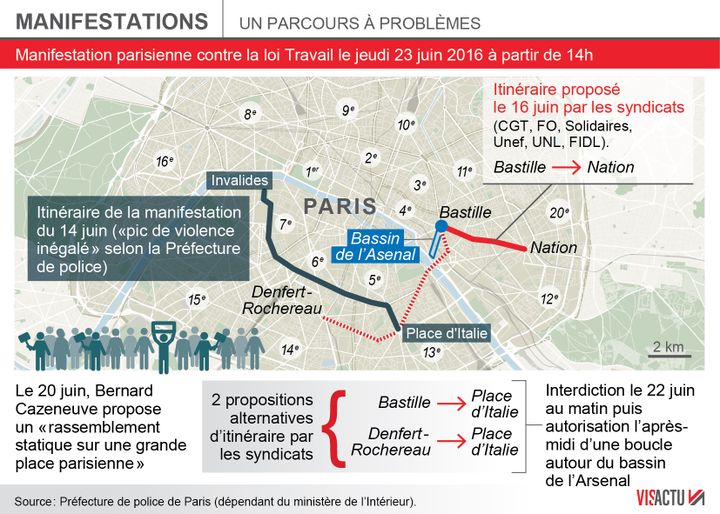 &nbsp; (Le tracé de la manifestation parisienne autour de la Bastille le 23 juin 2016.)