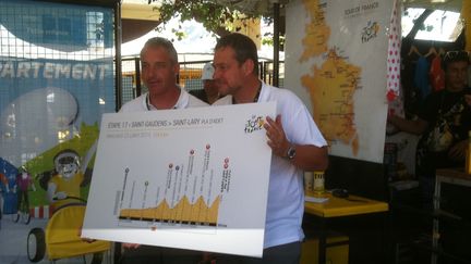 André Bancala, coordinateur Tour de France de l'Assemblée des Département de France, présente à Saint-Gaudens, avec un de ses collègues, le profil de la 17e étape. 