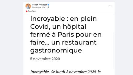 Un article publié par un site animé par la Farnce insoumise affirme que le gouvernement aurait décidé de transformer un hôpital en restaurant en pleine crise sanitaire (Capture d'écran Facebook)