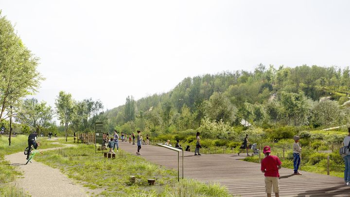 Perspective d’architecte de la colline d'Elancourt, où se dérouleront les épreuves de VTT lors des Jeux olympiques de Paris 2024. (myluckypicel / Solideo)