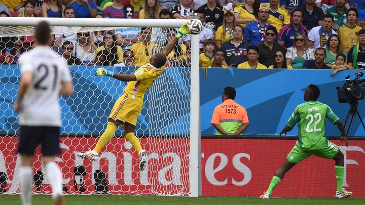 Vincent Enyeama en pleine sortie a&eacute;rienne lors de la huiti&egrave;me de finale entre la France et le Nigeria, le 30 juin 2014 &agrave; Brasilia (Br&eacute;sil). (MARIUS BECKER / DPA / AFP)