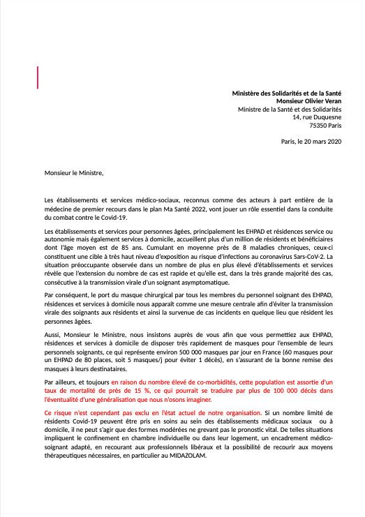 Extrait de la lettre adressée par le secteur de la gériatrie au ministère de la Santé sur la gestion du covid-A9, révélée par France Télévisions le 20 mars 2020. (DR)