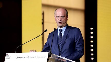 Le ministre de l'Education, Jean-Michel Blanquer, au&nbsp;Conseil économique, social et environnemental (Cese), à Paris, pour la présentation des conclusions du Grenelle de l'éducation, le 26 mai 2021.&nbsp; (GEOFFROY VAN DER HASSELT / AFP)