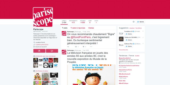 "Pariscope" : accueil de la page Twitter
 (Pariscop)