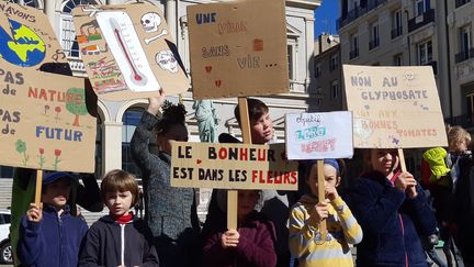 Des enfants manifestent lors de la "Marche du siècle" pour le climat à Saint-Etienne le 16 mars 2019. (MATHILDE MONTAGNON / FRANCE-BLEU SAINT ETIENNE LOIRE)