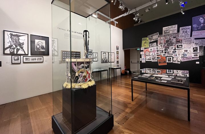 Une vue de l'exposition des archives du fonds Bérurier Noir à la BnF, le 26 février 2024. (LAURE NARLIAN / FRANCEINFO CULTURE)