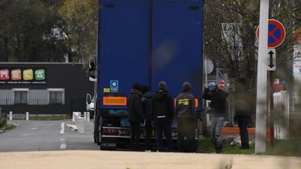 Des migrants tentent de se glisser dans un camion à Calais (Pas-de-Calais), le 14 novembre 2017. (DENIS CHARLET / AFP)