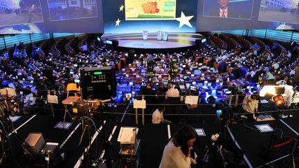 L'h&eacute;micycle du Parlement europ&eacute;en &agrave; Bruxelles, durant les &eacute;lections du 25 mai 2014. (GEORGES GOBET / AFP)