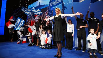 Marine Le Pen, candidate du FN &agrave; la pr&eacute;sidentielle, lors de la traditionnelle galette des rois du parti, &agrave; Saint-Denis (Seine-Saint-Denis) le 8 janvier 2012. (FRANCOIS LAFITE / WOSTOK PRESS / MAXPPP FRANCE)