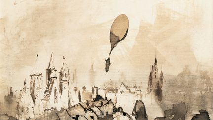 Victor Hugo, "Départ du ballon" [vers 1870].&nbsp;Dessin original, non signé, titré de la main de l’écrivain. Plume et encre brune, lavis (130 x 115 mm), contrecollé sur le passe-partout, sous verre, sous Marie-Louise dans un cadre en bois noir moderne Mis en vente par&nbsp;Sotheby’s Paris en association avec Binoche et Giquello. (Sotheby’s / ArtDigital Studio)