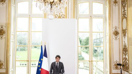 Conférence de presse de Gabriel Attal, le 1er février 2024, à Matignon. (YOAN VALAT / MAXPPP)