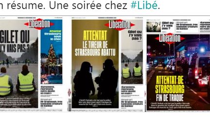 Capture d'écran des trois unes de Libération relayées sur Twitter le 13 décembre 2018.&nbsp; (LIBERATION / TWITTER)