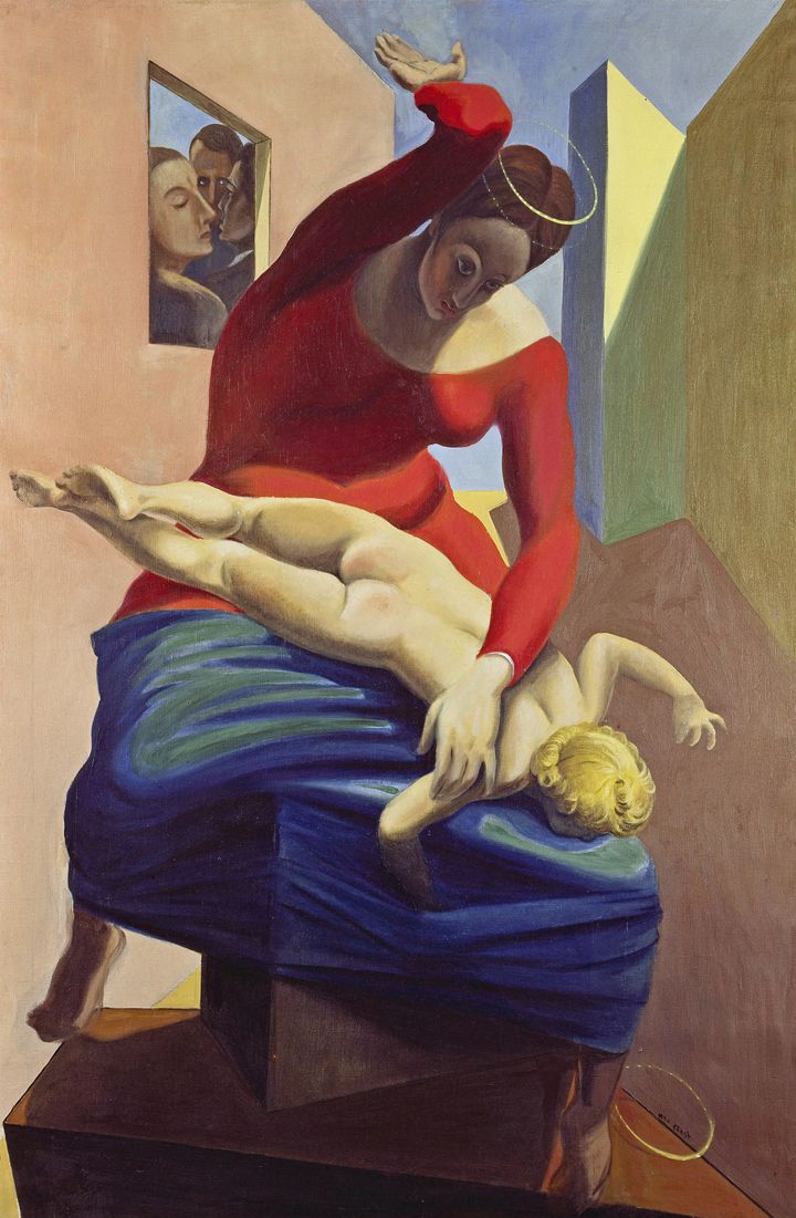 Max Ernst, "La Vierge corrigeant l&rsquo;enfant J&eacute;sus devant trois t&eacute;moins : Andr&eacute; Breton, Paul Eluard et le peintre", 1926. Huile sur toile, 196 &times; 130 cm. Museum Ludwig, Cologne. (2013, PROLITTERIS, ZURICH / PHOTO PETER WILLI / ARTO)