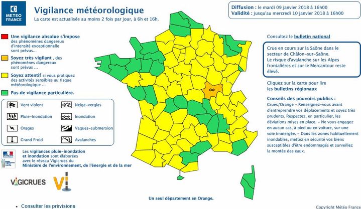 Carte de vigilance de Météo France, le 9 janvier 2018, à 16 heures. (METEO FRANCE)