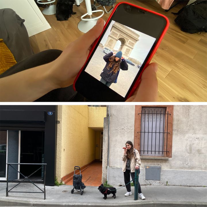 En haut,&nbsp;Sophie Nesterenko montre sur son téléphone une photo prise devant l'Arc de triomphe. En bas, elle pose devant l'immeuble où elle réside à Toulouse. (RAPHAEL GODET / FRANCEINFO)