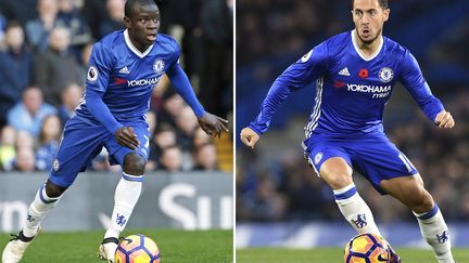 Les joueurs de Chelsea N'Golo Kanté (à gauche) et Eden Hazard (à droite) figurent dans l'équipe type de la saison de Premier League. (GLYN KIRK / AFP)