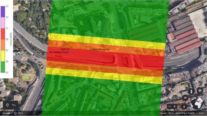 Document de l'étude d'impact examiné par l'Autorité environnementale montrant l'impact sonore maximal, au sol, au passage du Volocity en phase de survol sur une portion du périphérique. En rouge, le niveau est supérieur à 65dB. (DR)