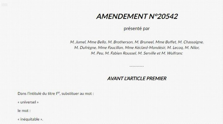 Amendement numéro 20542 : des députés communistes veulent substituer au mot "universel" le mot "inéquitable" dans l'intitulé du titre 1er du projet sur les retraites.&nbsp; (ASSEMBLEE NATIONALE)