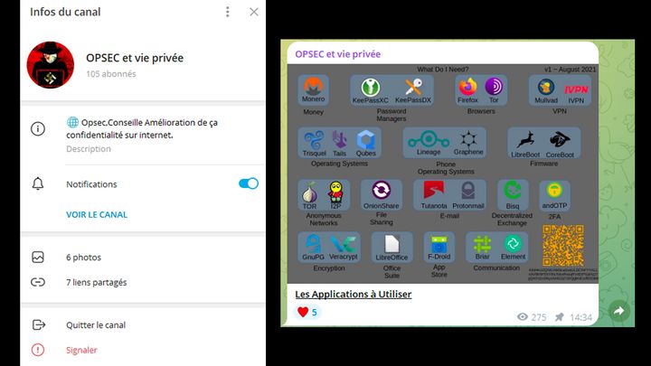 Captures d’écran de la boucle OPSEC et des logiciels recommandés aux militants d’ultradroite. (CELLULE INVESTIGATION / RADIOFRANCE)