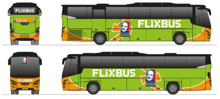 Le visuel déployé sur les bus Flixbus entre la Corrèze et Paris, pour rendre hommage à Jacques Chirac. (FLIXBUS)