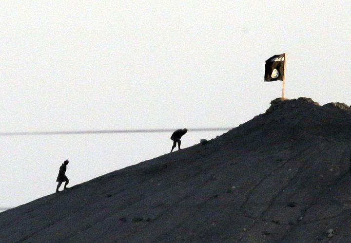 Des combattants de l'Etat islamique sur une colline &agrave; l'est de Kobani, le 6 octobre 2014. (LEFTERIS PITARAKIS / AP / SIPA)