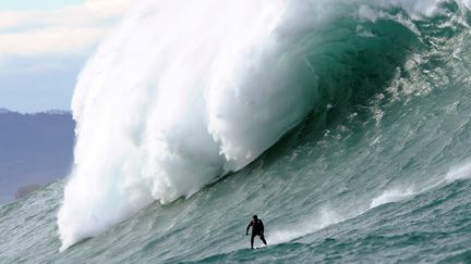 Un surfeur&nbsp;s'attaque &agrave; la "Belharra", une vague de&nbsp;10 &agrave; 15 m&egrave;tres de haut, &agrave;&nbsp;Urrugne (Pyr&eacute;n&eacute;es-Atlantiques), le 7 janvier 2014. (GAIZKA IROZ / AFP)